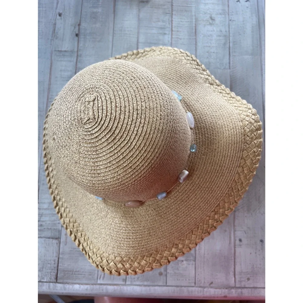 Sun N Sand Tan Straw Sun Hat Wide Brim UPF 50+ Beaded Stone Band Beach Hat Boho